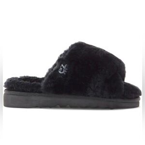 EZ FEET Genuine Shearling Slide Slippers Luxurious Black Fur Slide Slippers